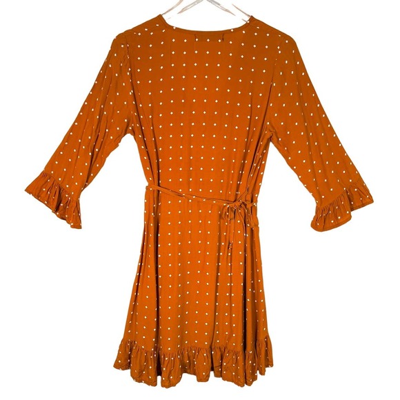 Faithfull The Brand Women's Carmel Mini Wrap Dress 8 Brown Orange Ruffled - Picture 3 of 9